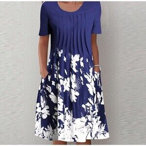 Blue White Pleated Dress Floral Midi Pockets Size XL Short Sleeve